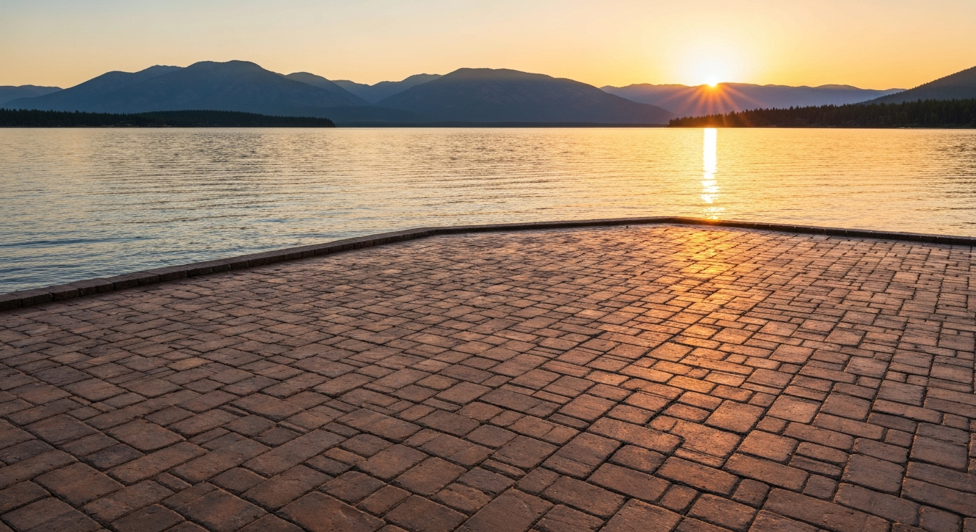 Lakefront paver terrace above Flathead Lake at golden hour, rich freshly-sealed paver tones