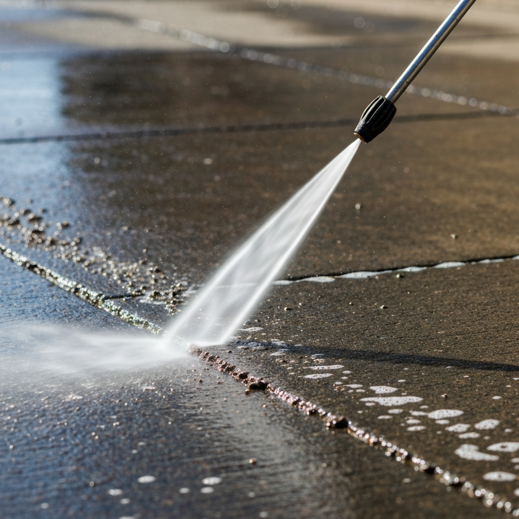 Pressure washer wand mid-stroke across a concrete driveway, clean swath cutting through winter grime