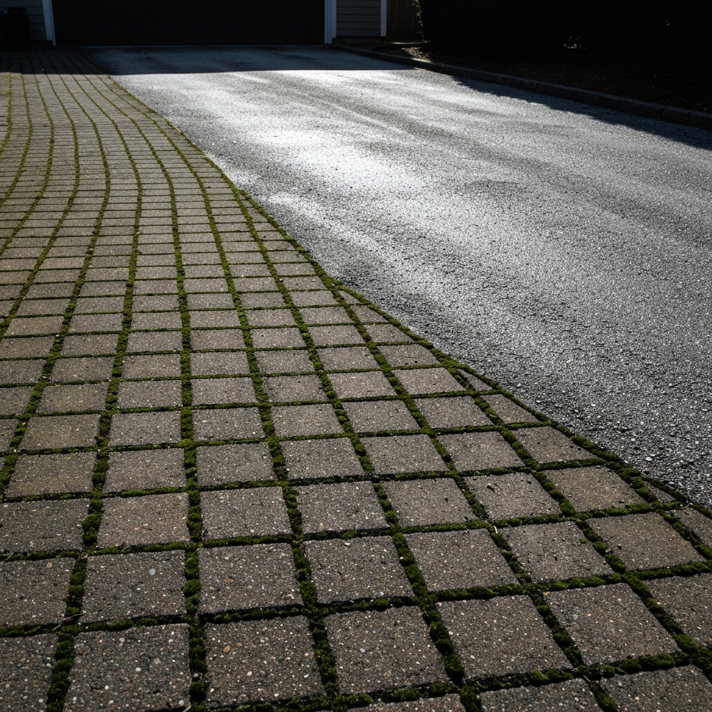 Algae-stained, moss-darkened concrete pavers and a gray salt-filmed driveway in shade, before cleaning.