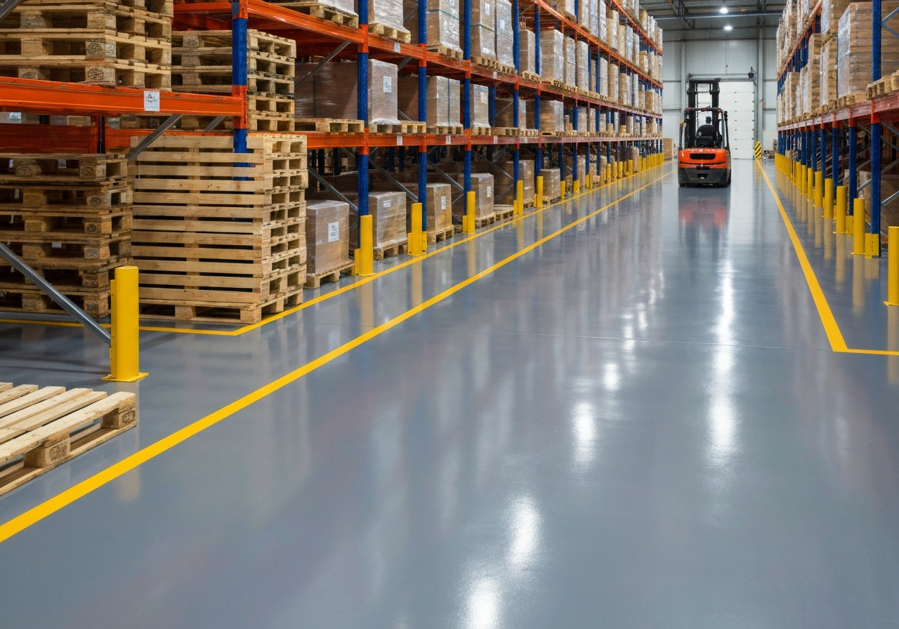 Glossy epoxy warehouse aisle with pallet racks and forklift lane