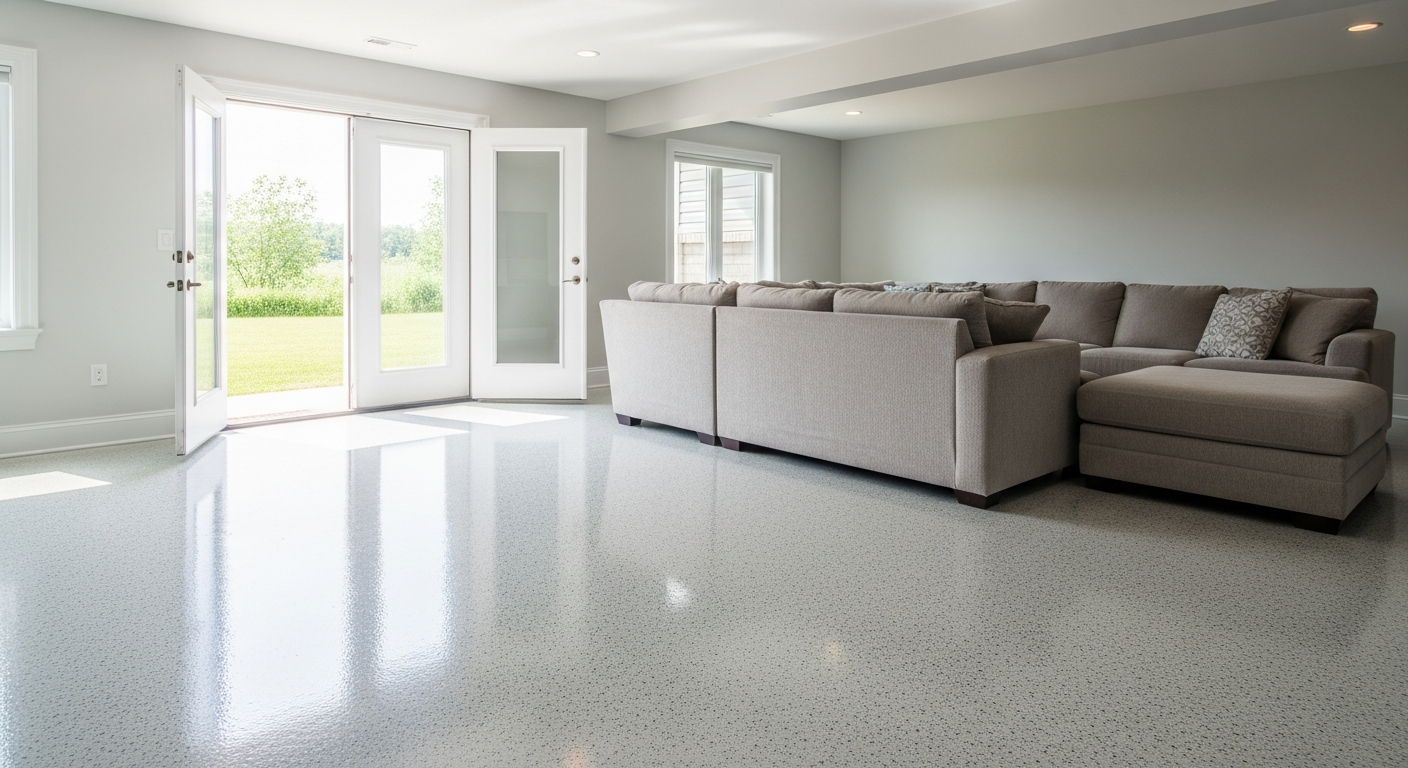Bright finished walkout basement rec room with a clean light-gray flake-coated floor