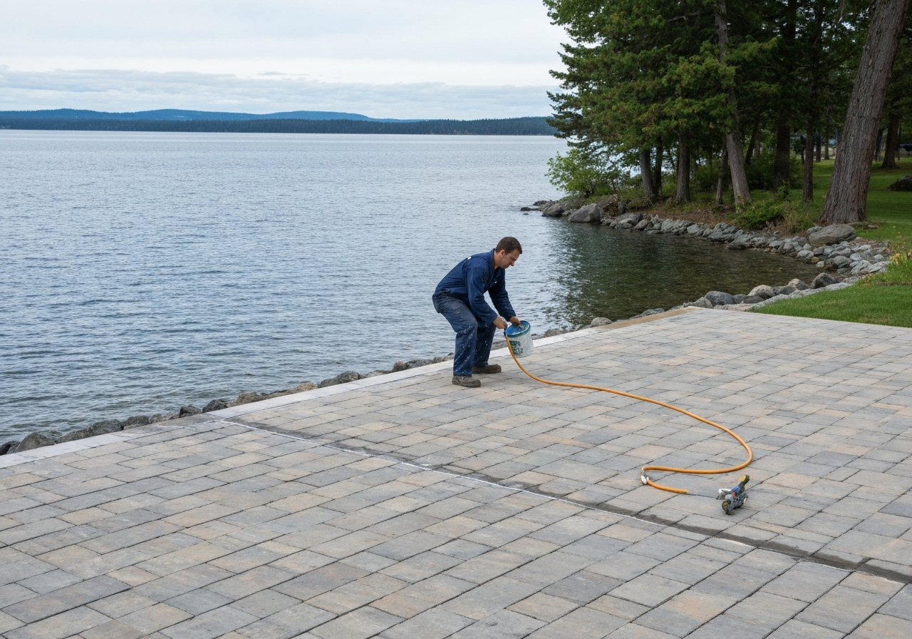 Technician applying sealer to a Lakeside lakeshore patio on the west shore of Flathead Lake