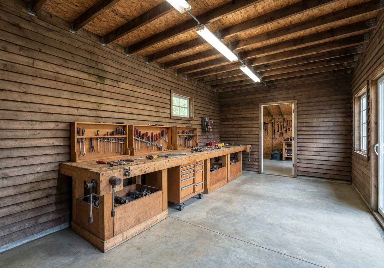 Detached shop with a coated floor, workbench and toolboxes