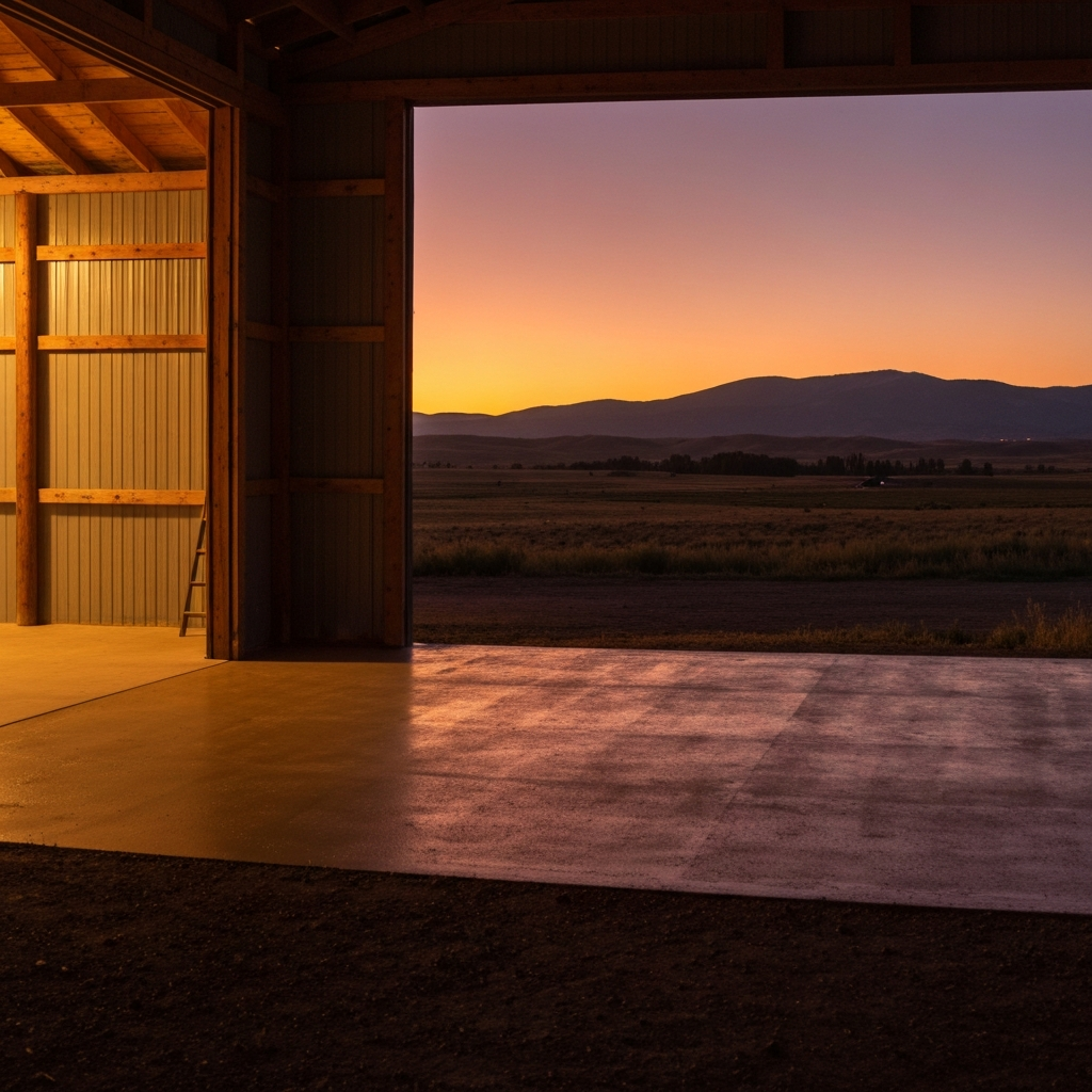 Dusk over a Kila rural property, warm light glowing from an open pole-barn door over a freshly coated shop floor