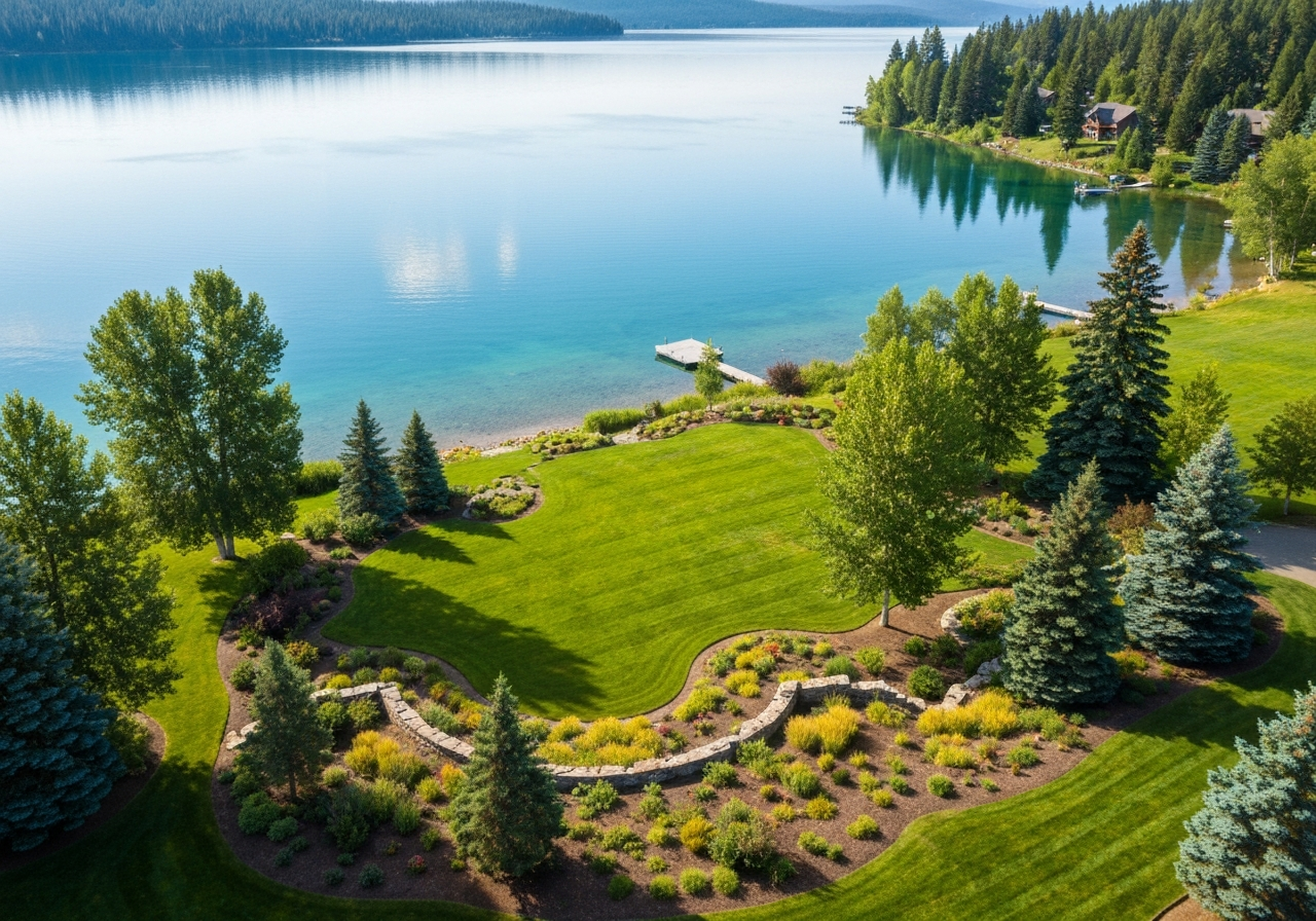Aerial or wide view of Whitefish Lake area property with intentional landscaping