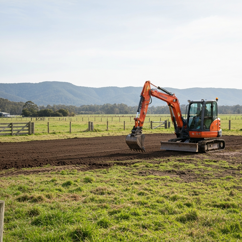 Compact excavator grading a rural farm lot
