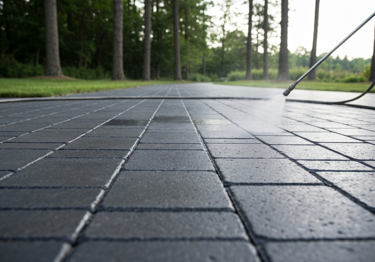 Sealer being applied to a paver walkway with a low-pressure sprayer, wet sheen line visible mid-surface