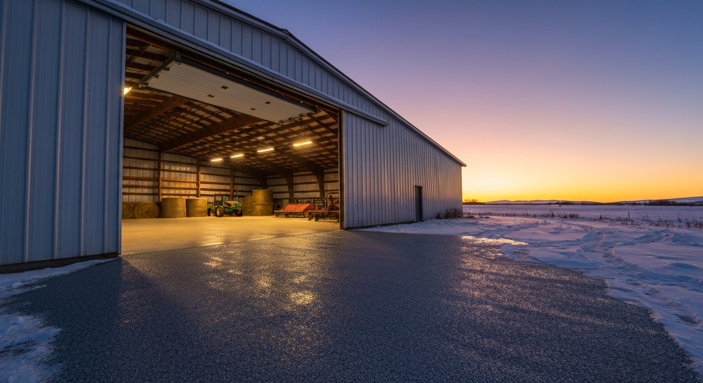 Dusk shot of a large Montana pole barn with its bay door open, warm interior light reflecting off a freshly coated gray flake shop floor