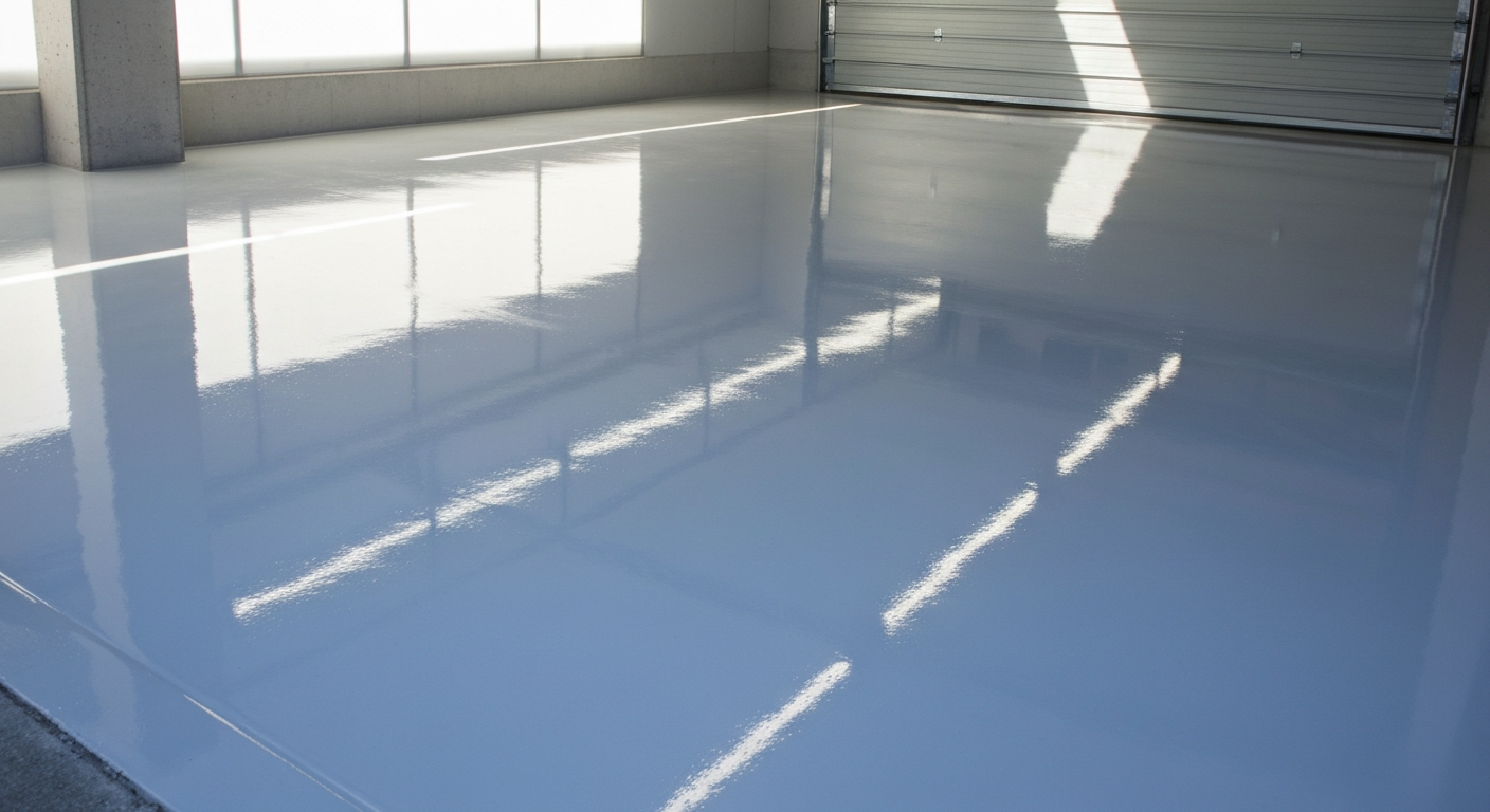 Sunlit garage interior with a pale-gray high-gloss coated floor