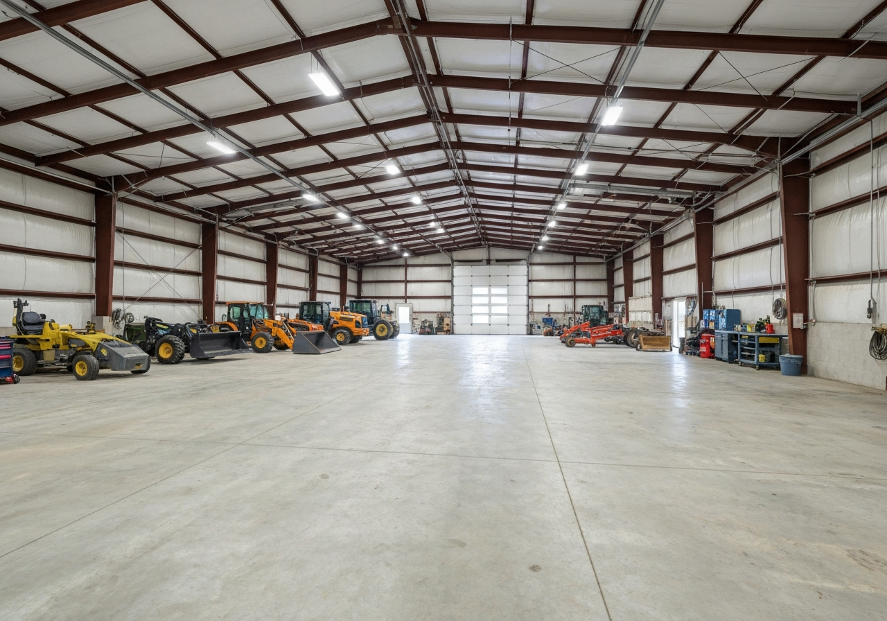 Acreage shop interior with durable coated work floor and equipment parked