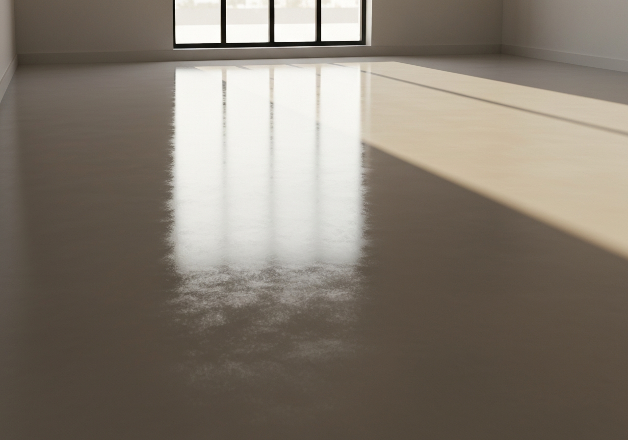 Glossy polyaspartic floor in window light