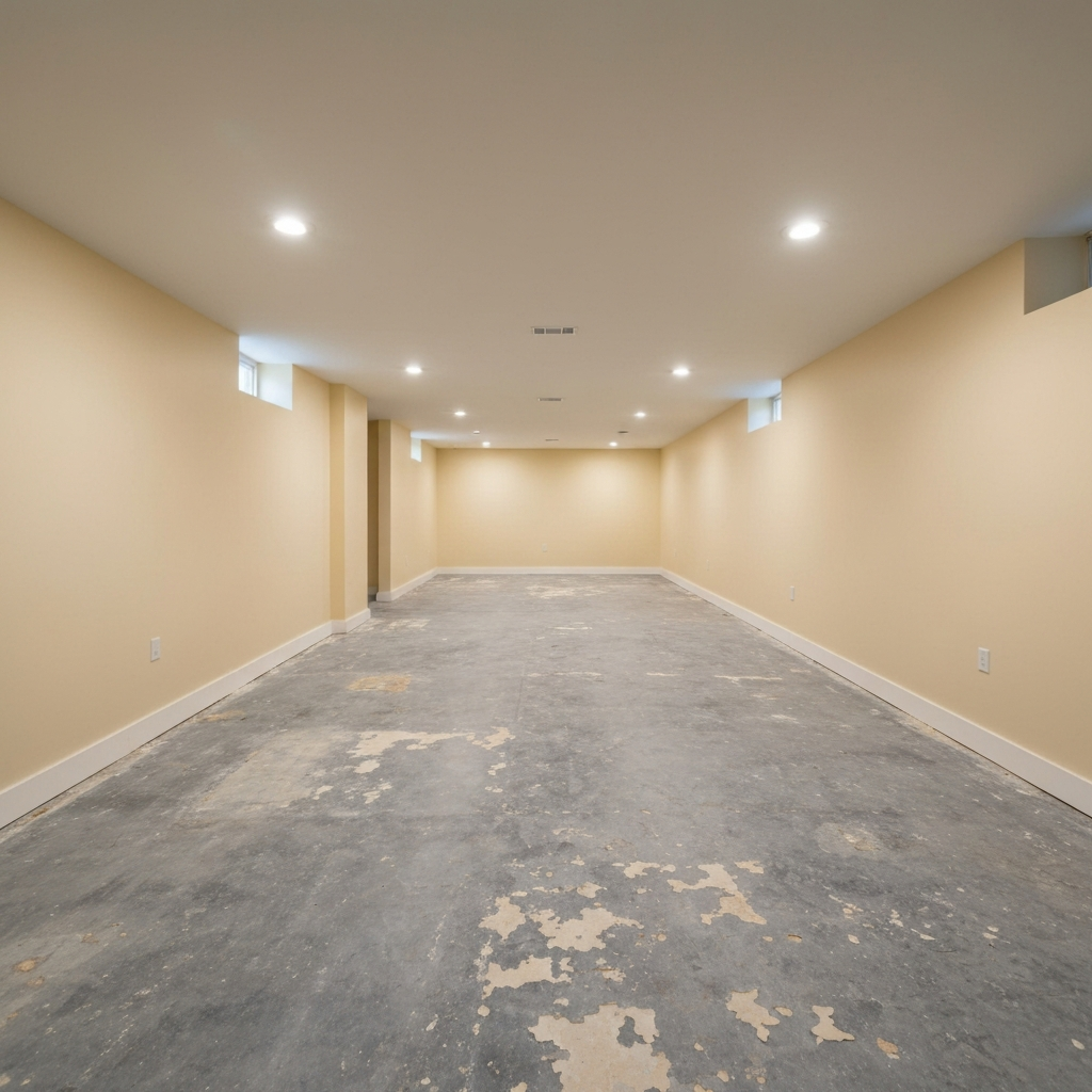 Half-finished basement rec room with nice walls and lighting but a bare gray dusty concrete floor with patchy old paint