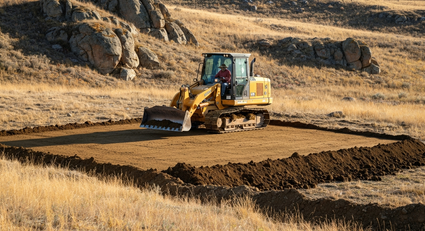 Operator shaping pad grade with equipment on a sloped rural lot in Northwest Montana