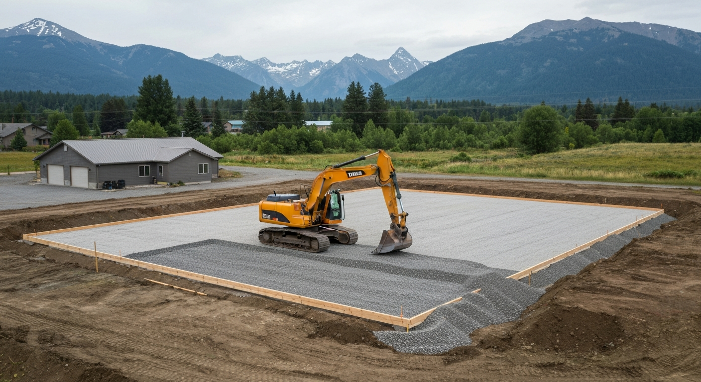 Photorealistic image of an excavator compacting gravel base on a building pad site in Northwest Montana