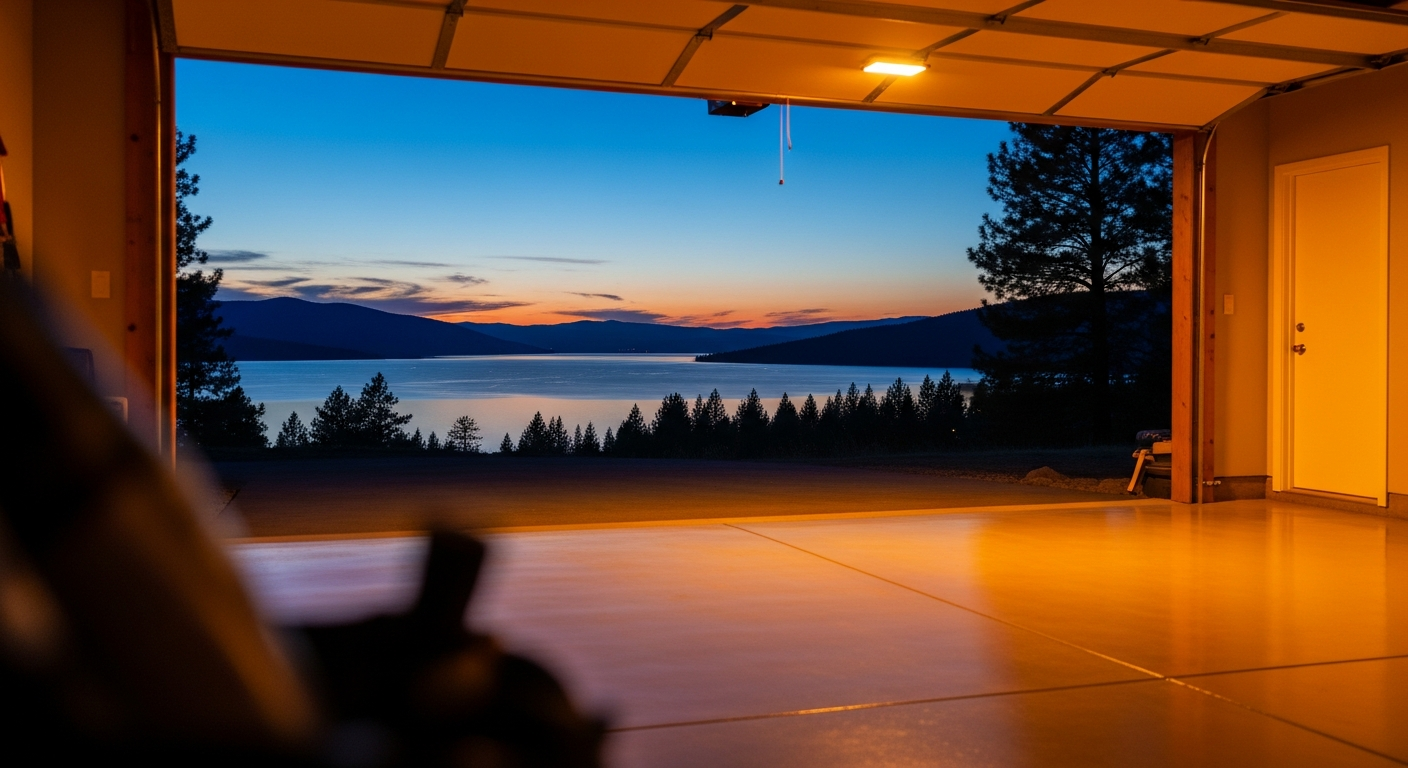 Dusk over Polson with Flathead Lake visible in the background, warm garage light over a glossy coated floor in the foreground