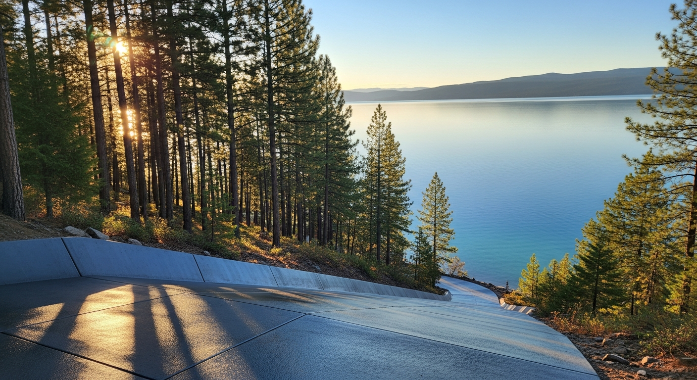 Steep Lakeside driveway descending toward Flathead Lake