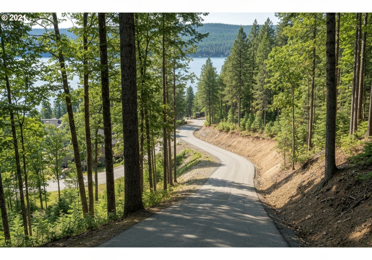 Bigfork sloped lake-view lot showing grade challenges and wooded terrain