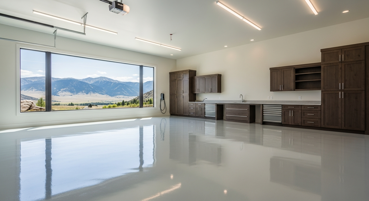 Photorealistic high-end residential garage interior with a pale-gray high-gloss polyaspartic floor reflecting overhead lights