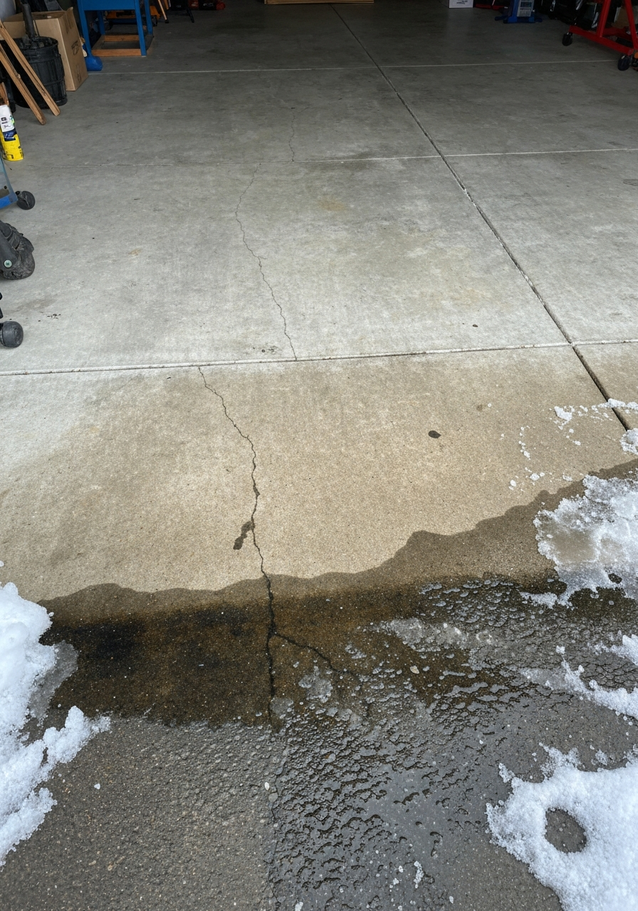Bare concrete residential garage floor with dark oil stains, hairline cracks, surface dust, and melting snow slush