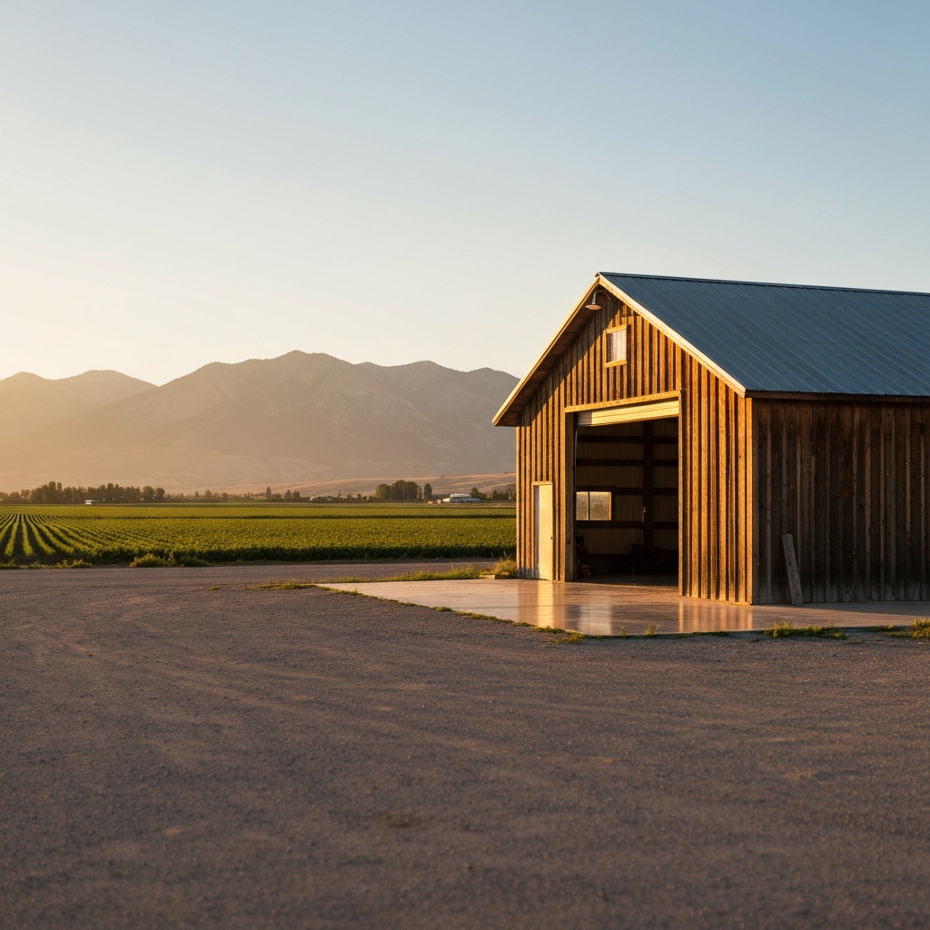 Mission Valley agricultural town scene with a clean coated concrete floor inside a farm shop