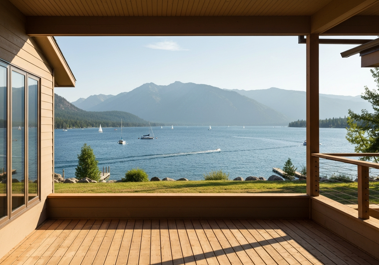 Polson lakeside patio with open view toward Flathead Lake and Mission Range