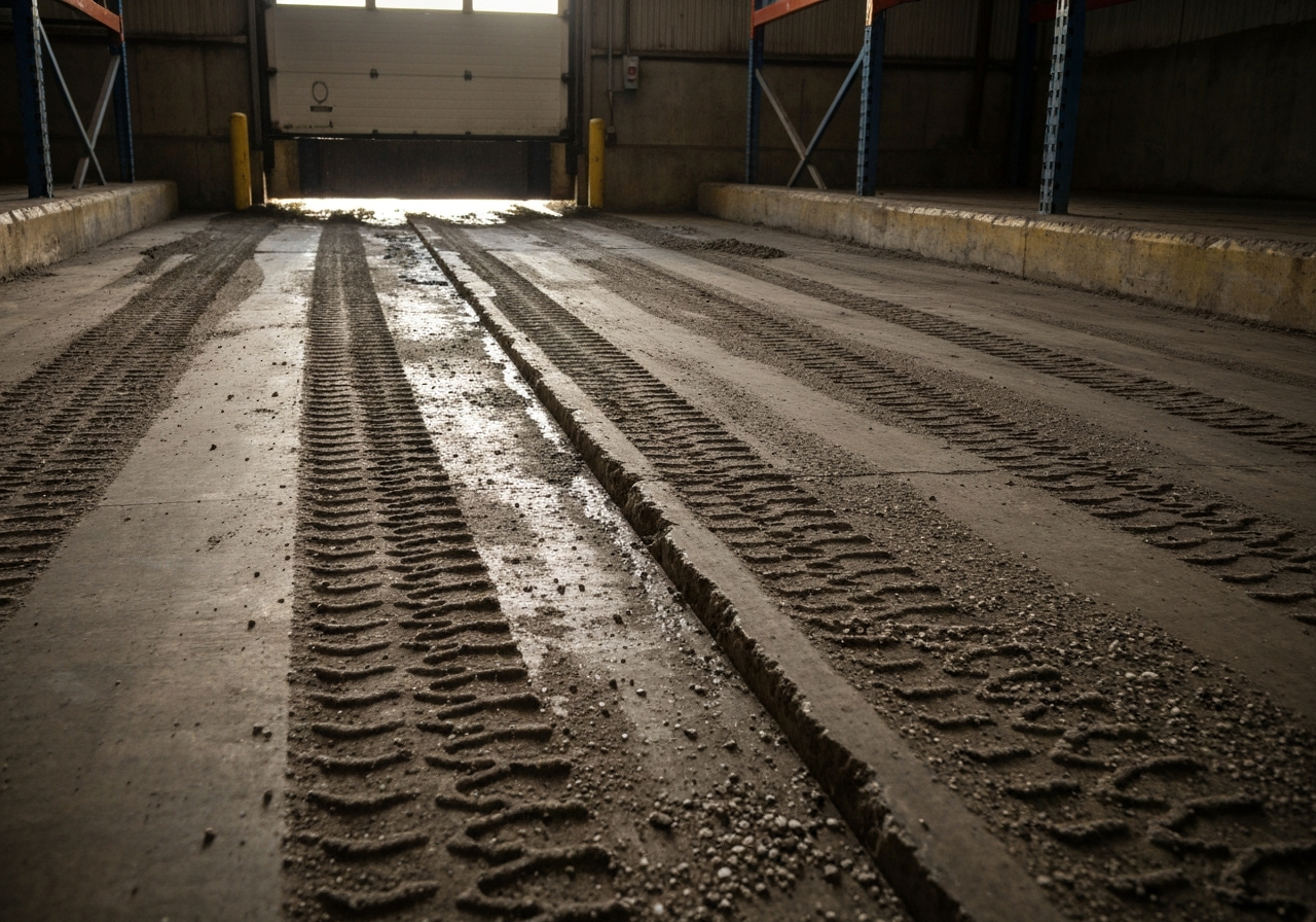 Worn bare-concrete warehouse aisle with dusty rutted wheel paths