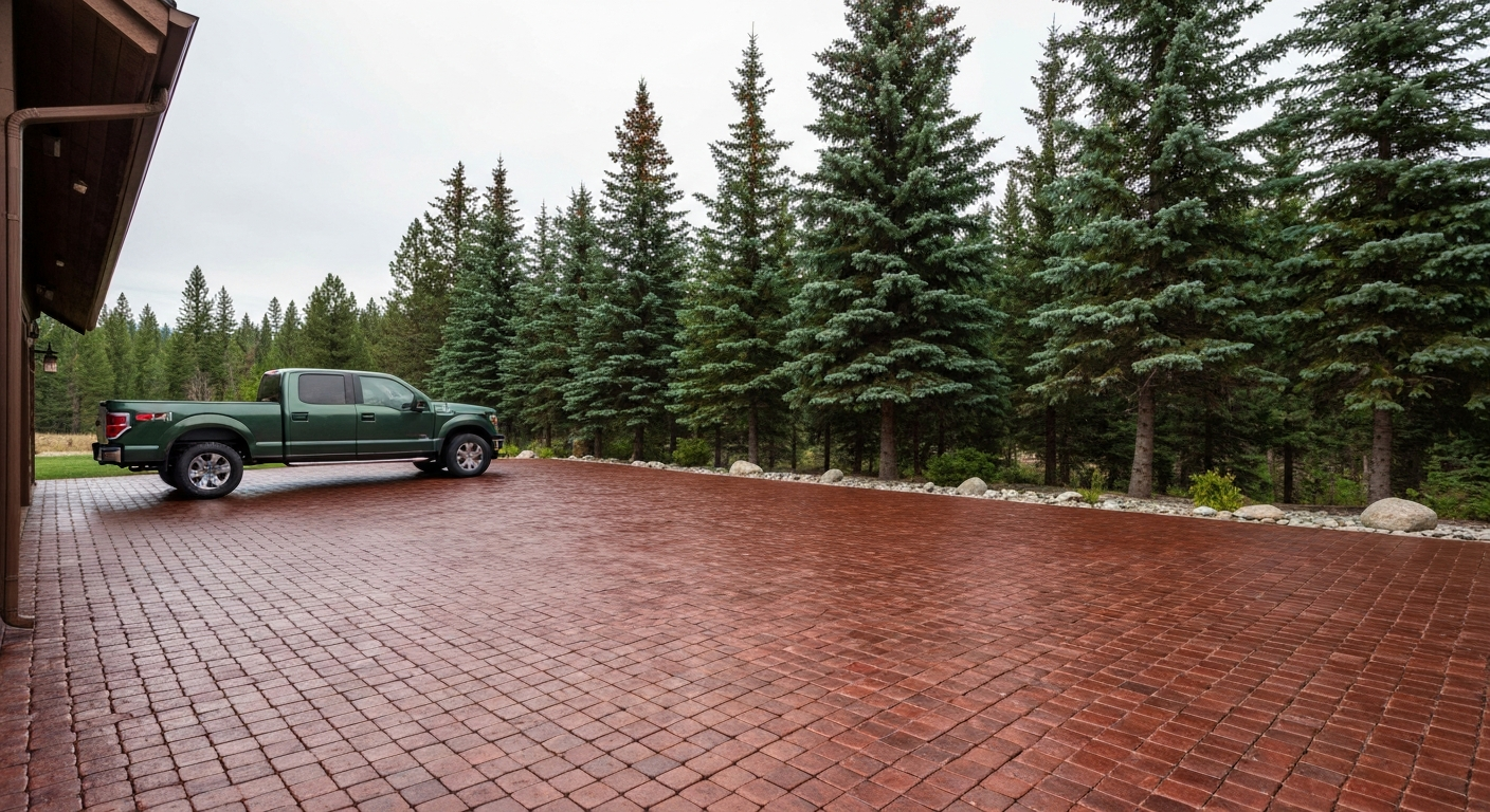 Photorealistic sealed paver driveway of a Flathead Valley mountain home, pickup truck parked, evergreen treeline, rich paver color