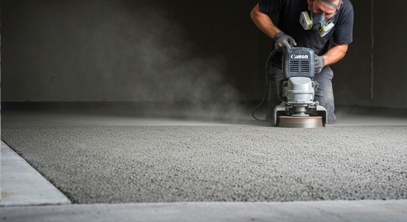 Diamond grinder preparing a bare concrete garage slab, dust control