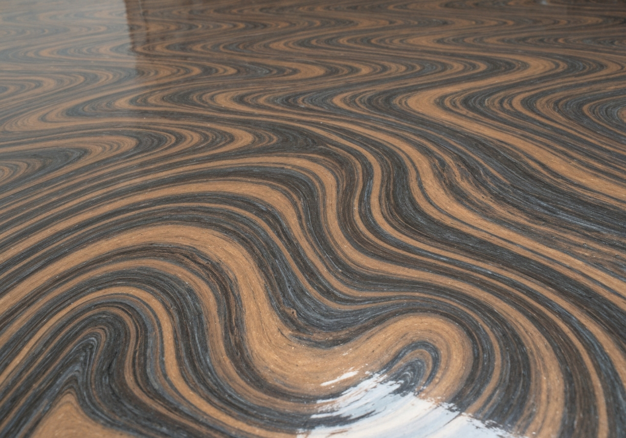 Close-up of a bronze-and-charcoal swirled metallic epoxy floor with a deep glassy three-dimensional effect