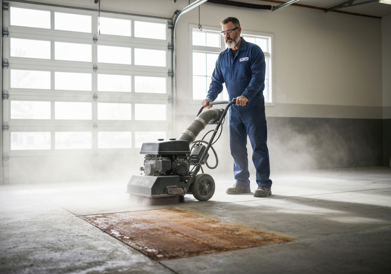 Technician running a surface prep machine over a garage floor slab, dust port attached