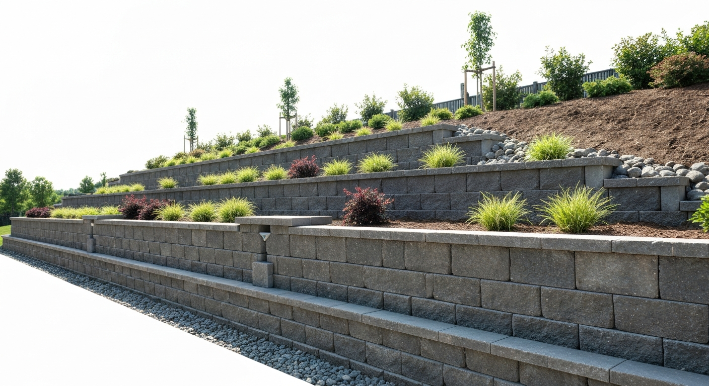 Tiered block retaining wall holding a graded slope with drainage stone