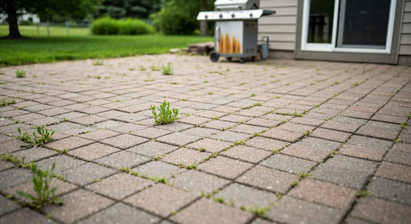 Weathered faded paver patio with weeds in joints and grill stains