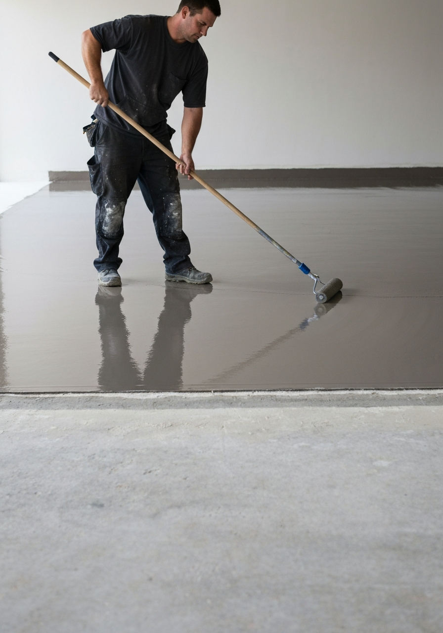Installer in plain dark workwear rolling a wet pigmented epoxy base coat across a ground concrete garage slab