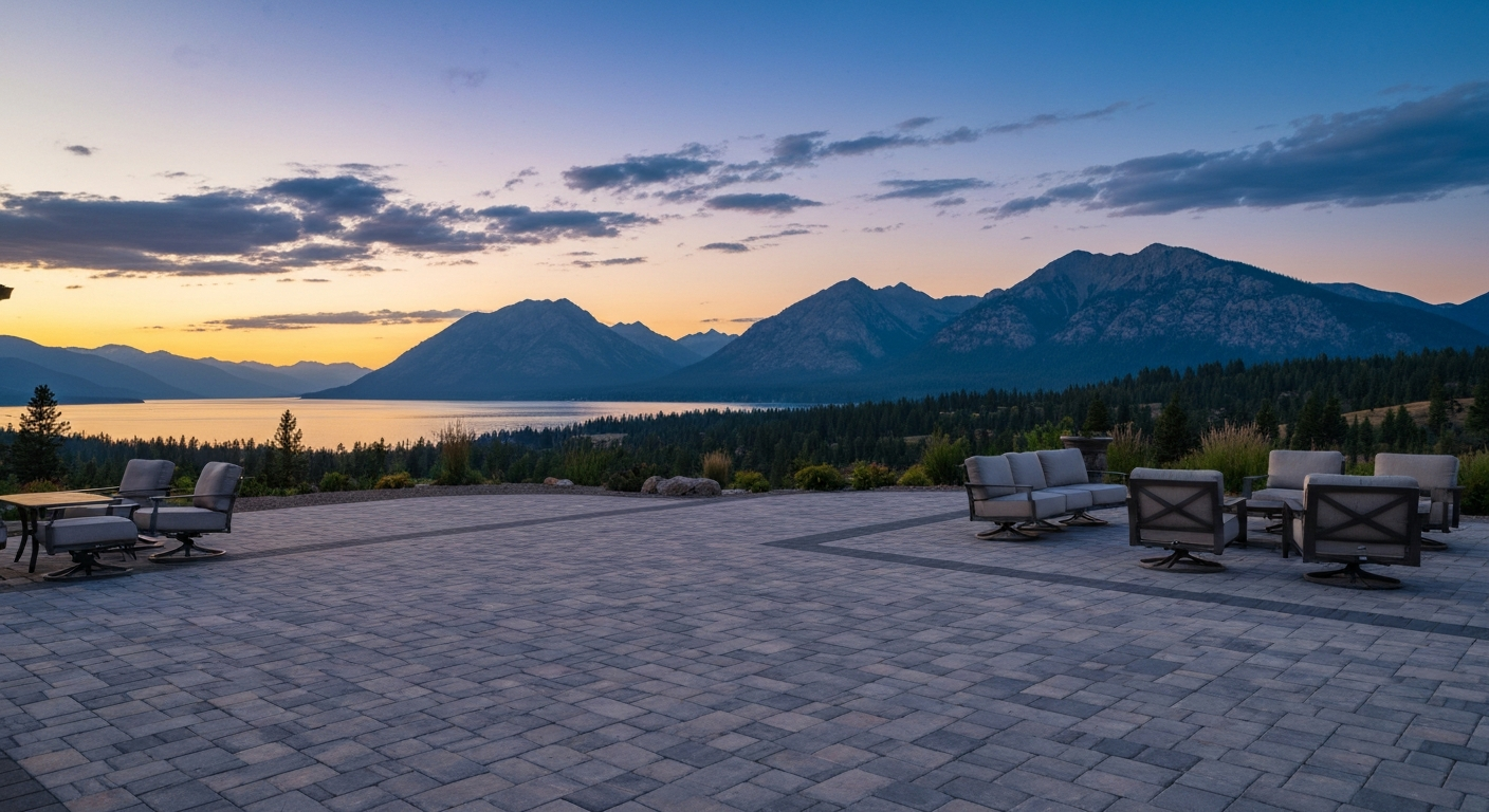 Polson paver patio at evening, Mission Mountains and Flathead Lake south shore visible