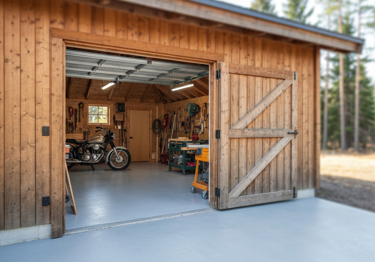 Cabin garage or rural residential garage with a clean coated floor, equipment or storage visible