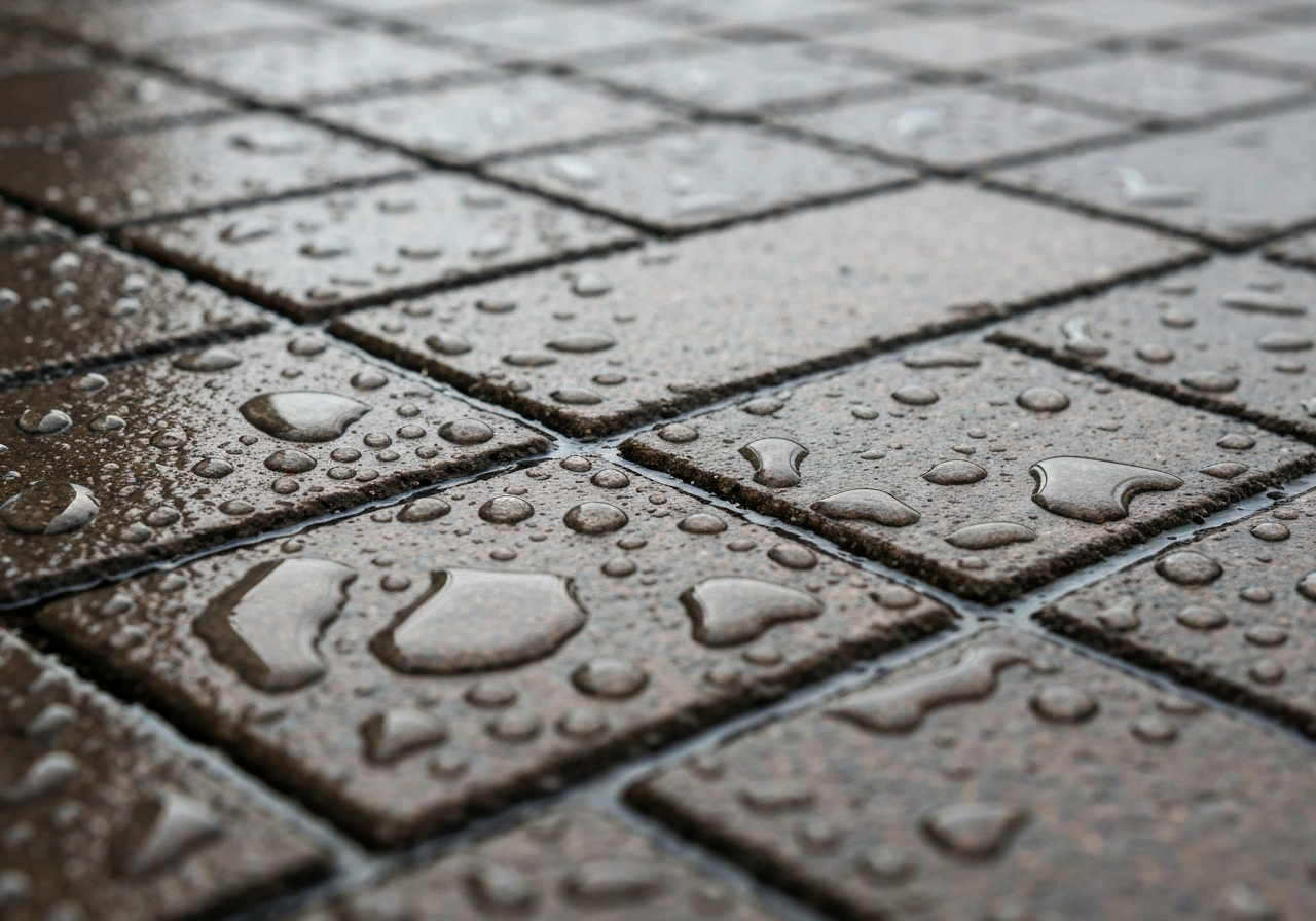 Water beading on freshly stabilized and sealed paver joints, close-up
