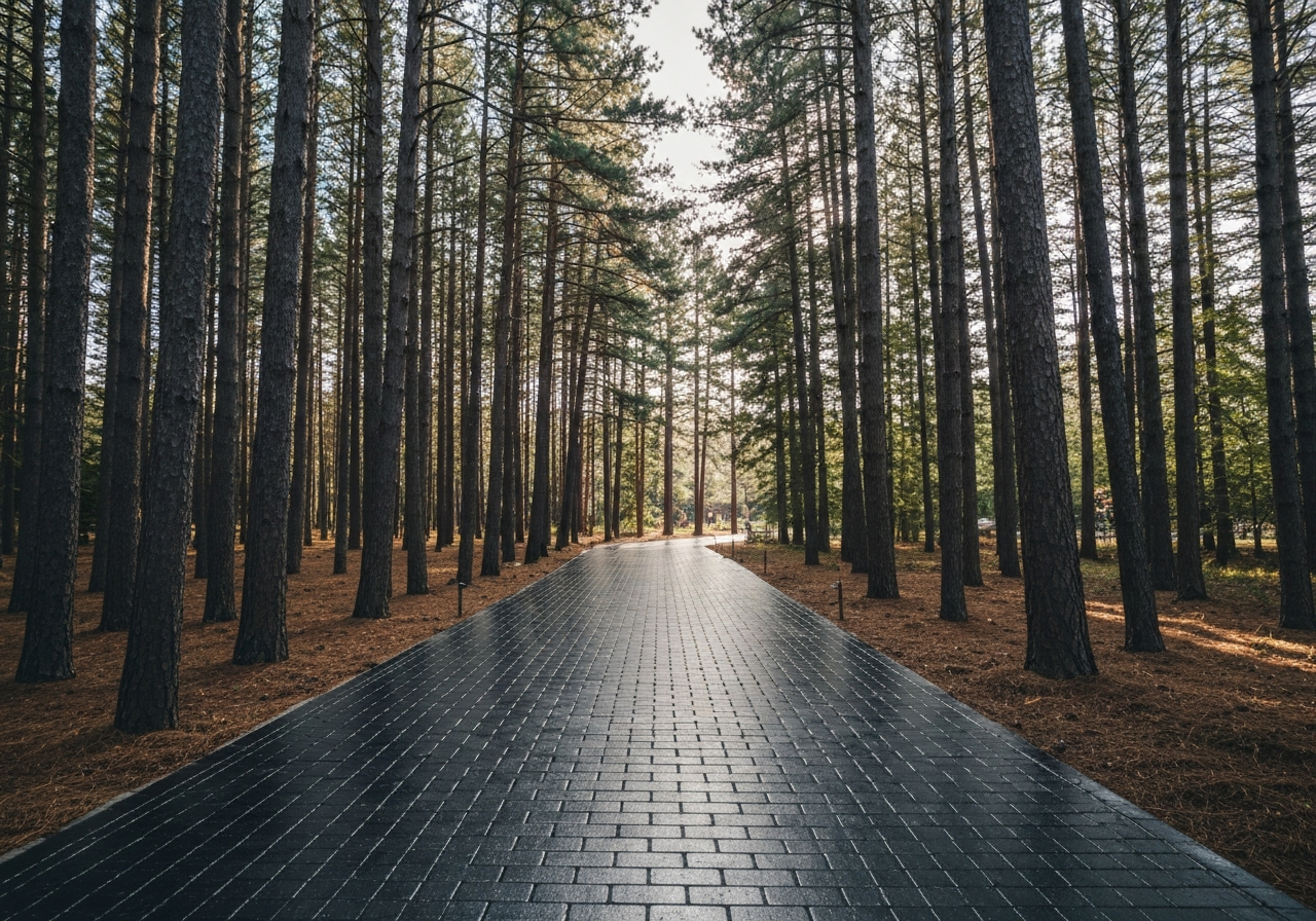 Paver entry walkway freshly sealed among pines