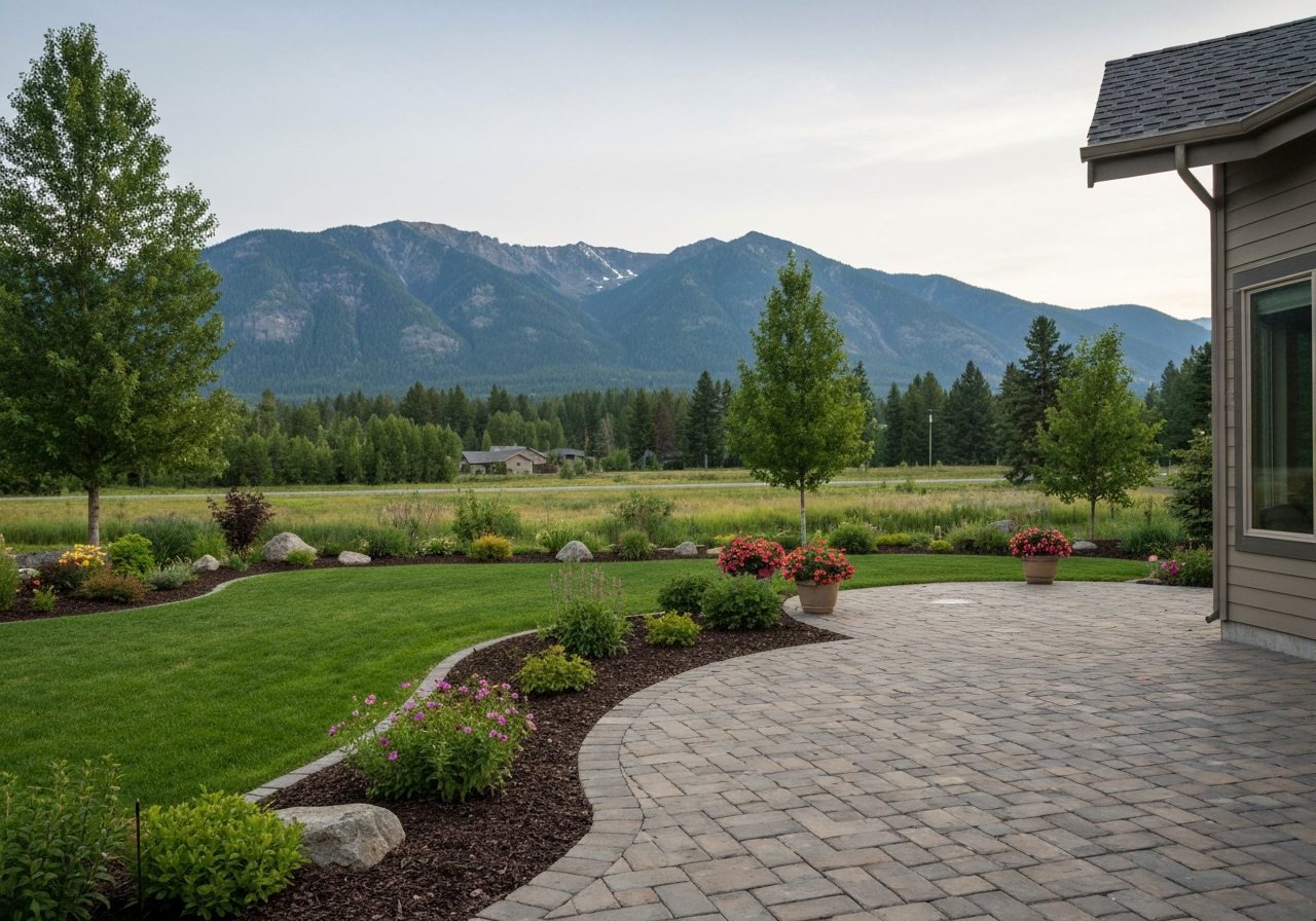 Completed Columbia Falls family yard with patio, lawn, and mountain backdrop