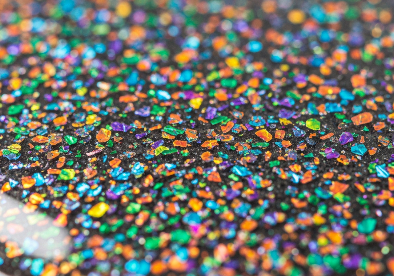 Close-up of multicolor flake broadcast under glossy clear topcoat