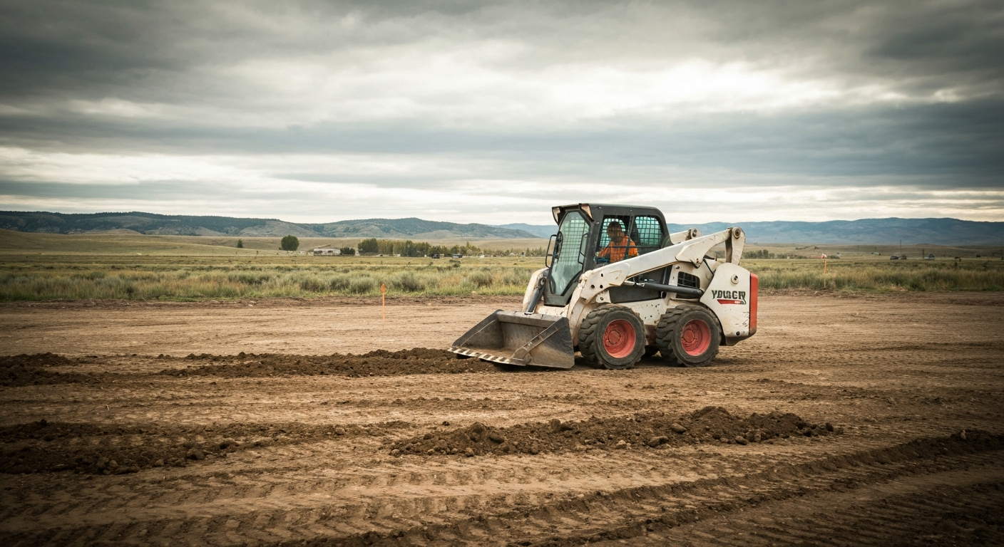 Photorealistic skid-steer doing site prep on a Montana dirt lot