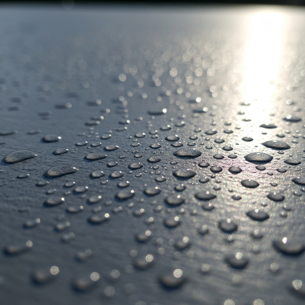 Water beading on a freshly sealed gray concrete surface, droplets crisp in low sun