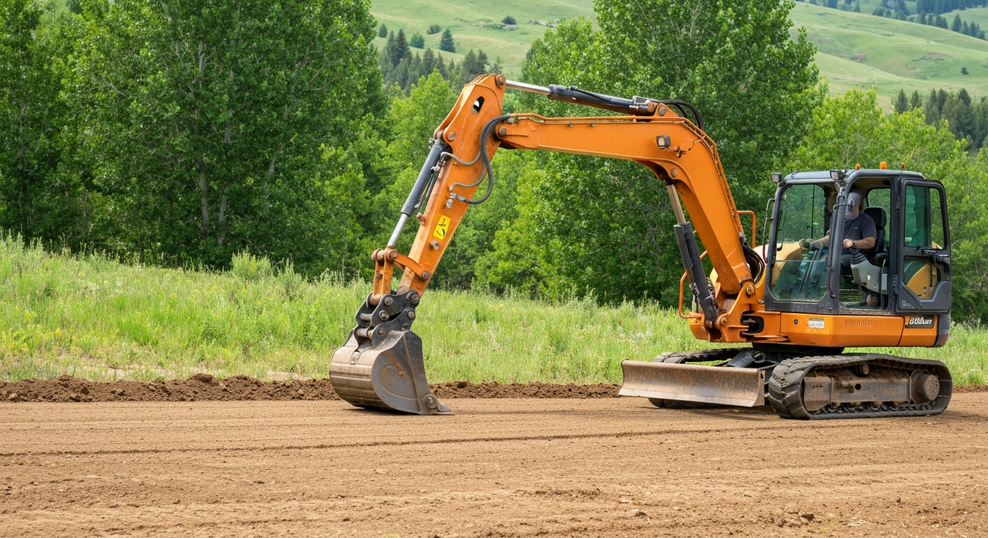 Compact excavator grading a bench property above Polson