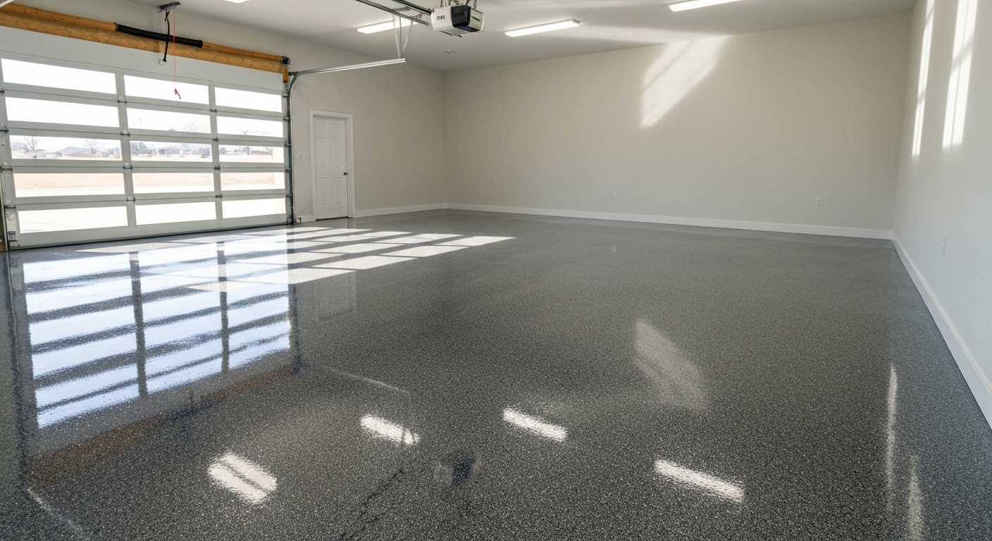 Bright, glossy polyaspartic-coated garage floor with a decorative flake finish, reflective and clean