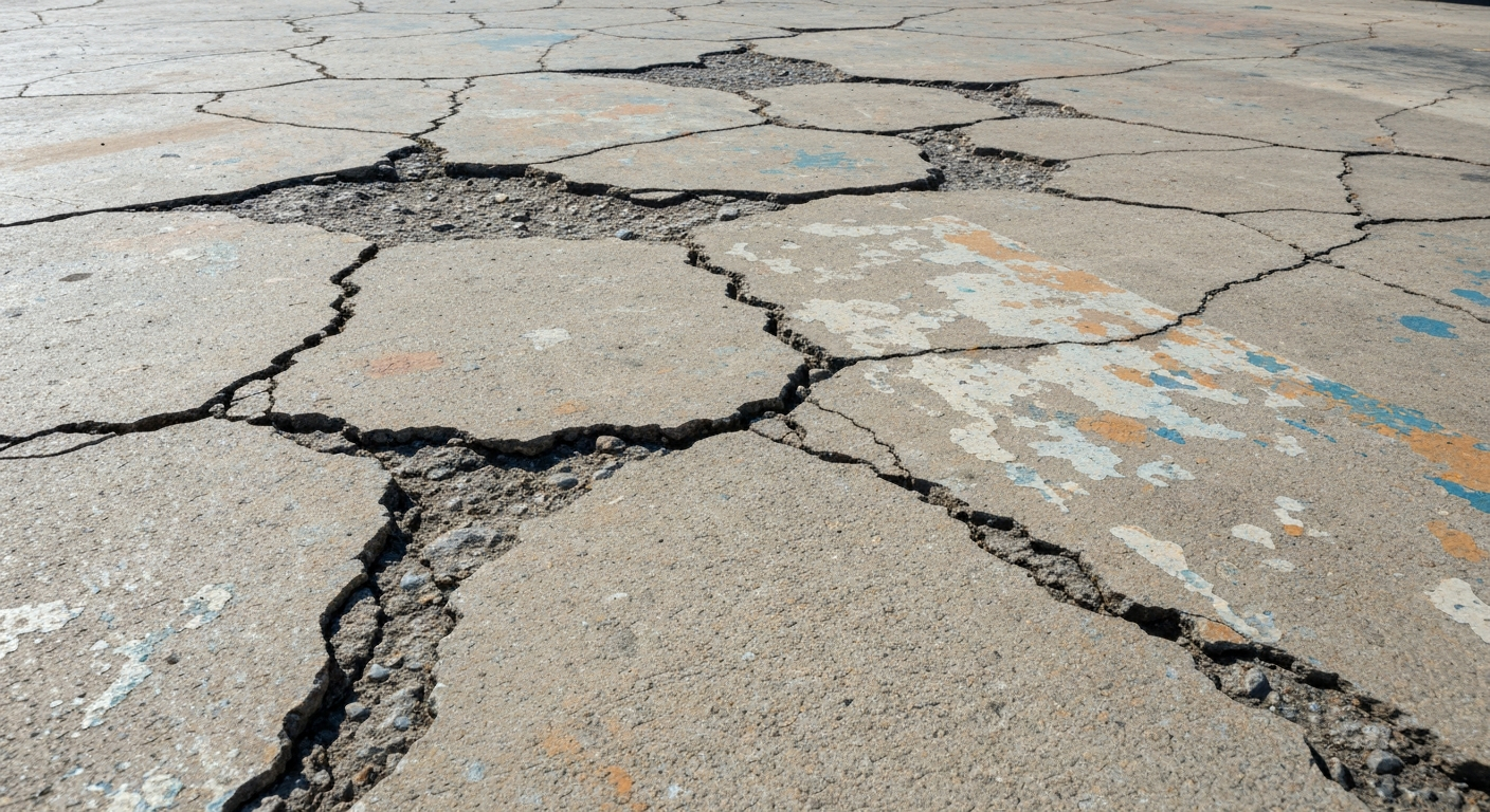 Close-up of a settled, cracked shop pad or garage floor showing poor sub-grade preparation