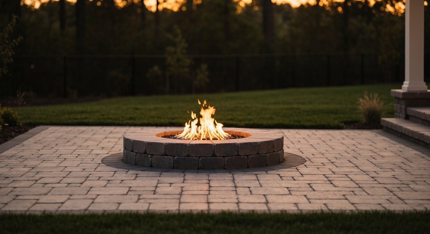 Finished paver patio with fire pit at dusk