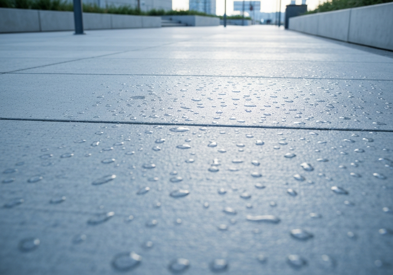 Sealed concrete walkway resisting water beading on the surface