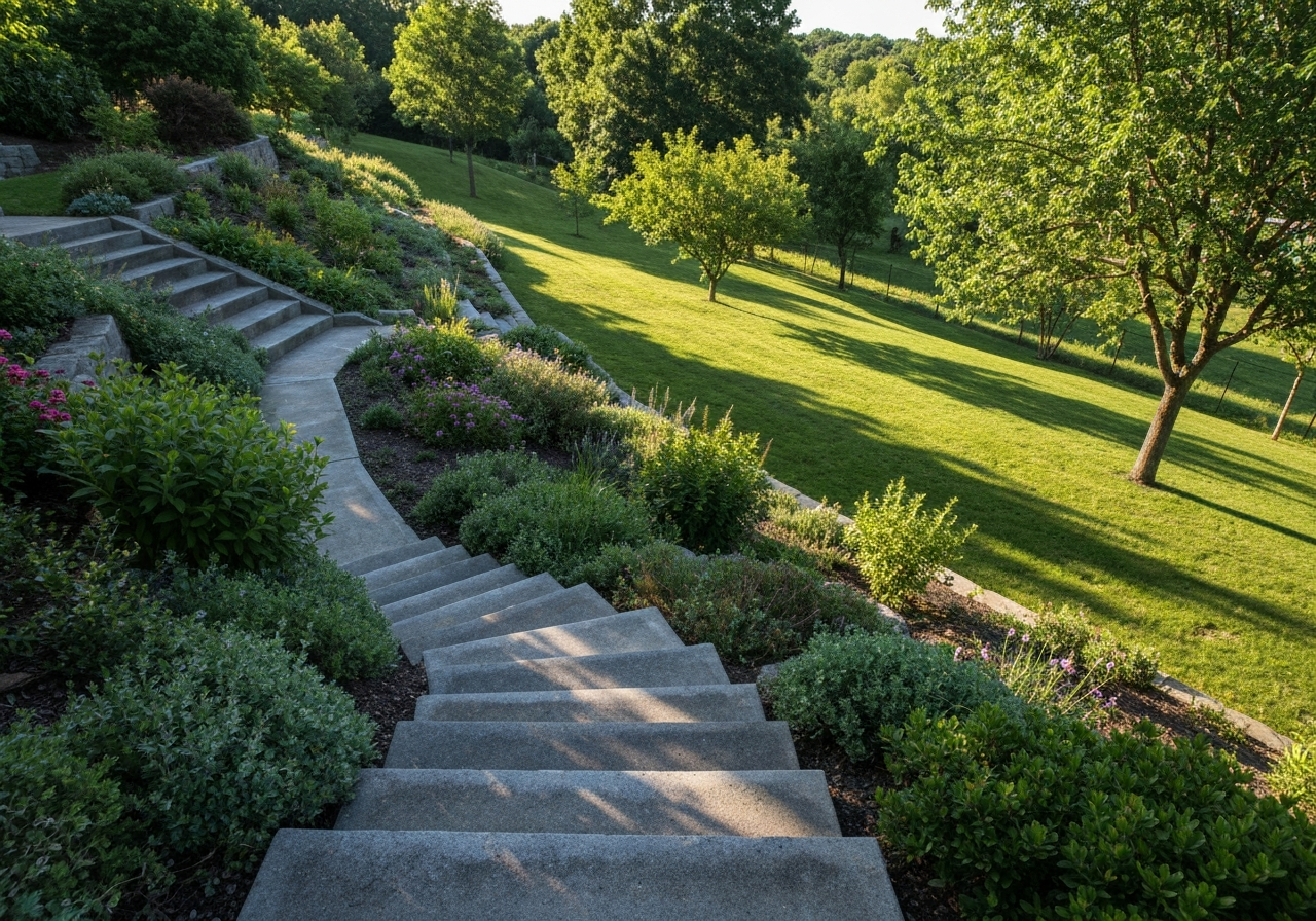 Terraced hillside yard with retaining steps