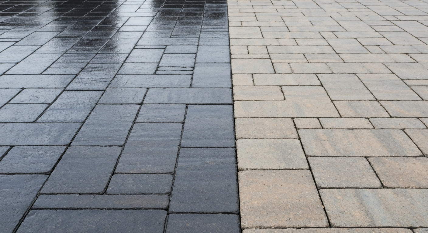 Side-by-side rich wet-look sealed pavers next to dull unsealed pavers on one patio