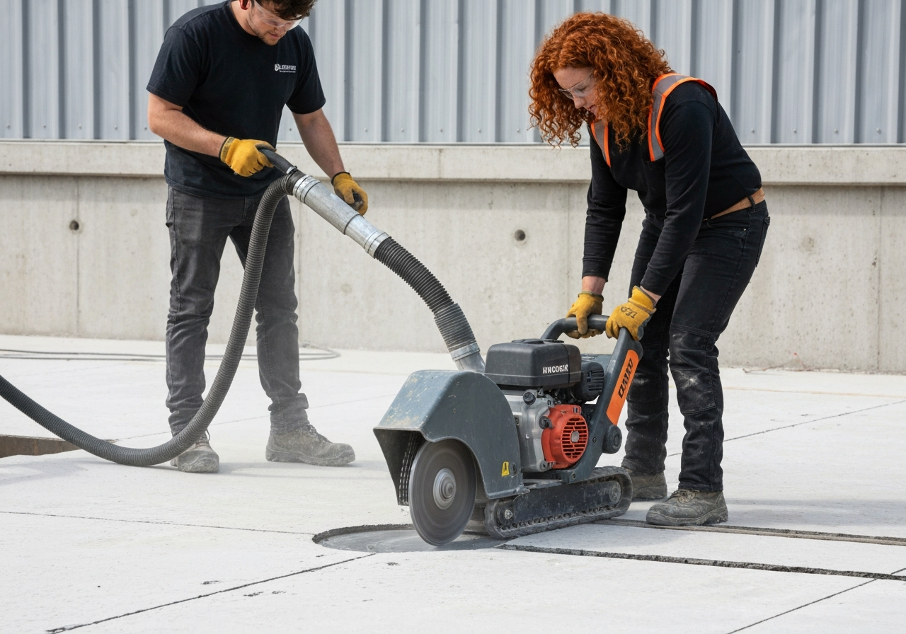 Professional crew's diamond grinder opening a concrete slab, dust shroud and vacuum hose visible