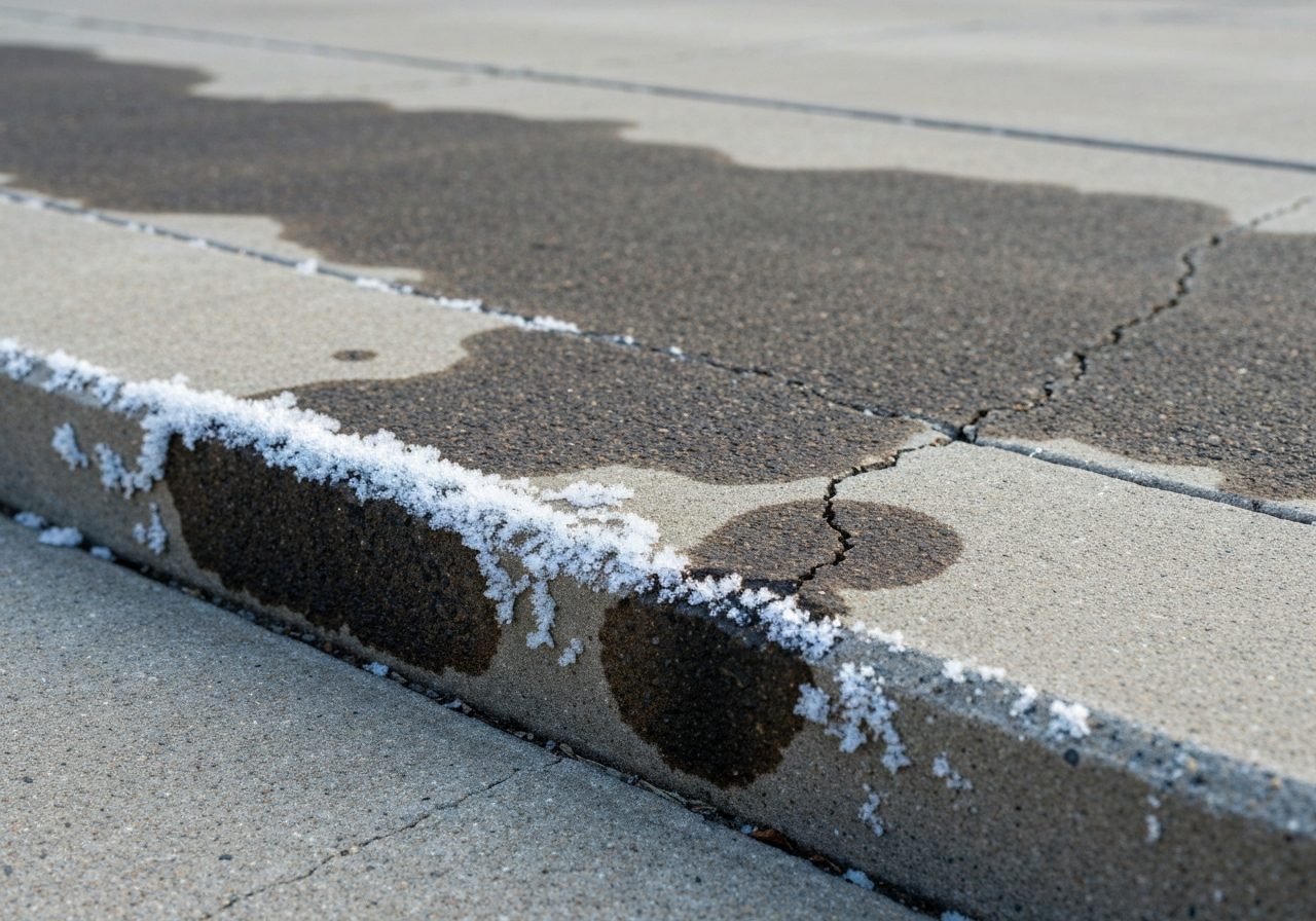 Close-up of a driveway edge with peeling, cloudy sealer, visible oil staining, and frost-lifted flakes